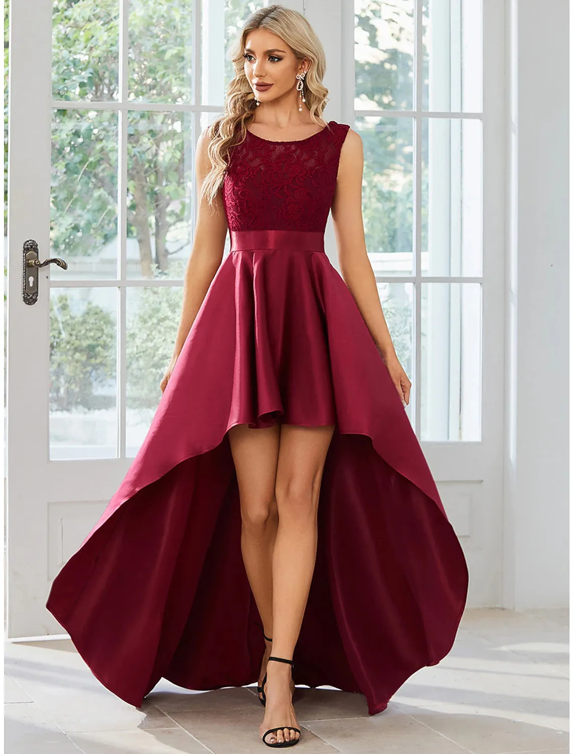 Aimishang   A-Line Wedding Guest Dresses Casual Dress Party Wear Asymmetrical Sleeveless Jewel Neck Satin with Pure Color