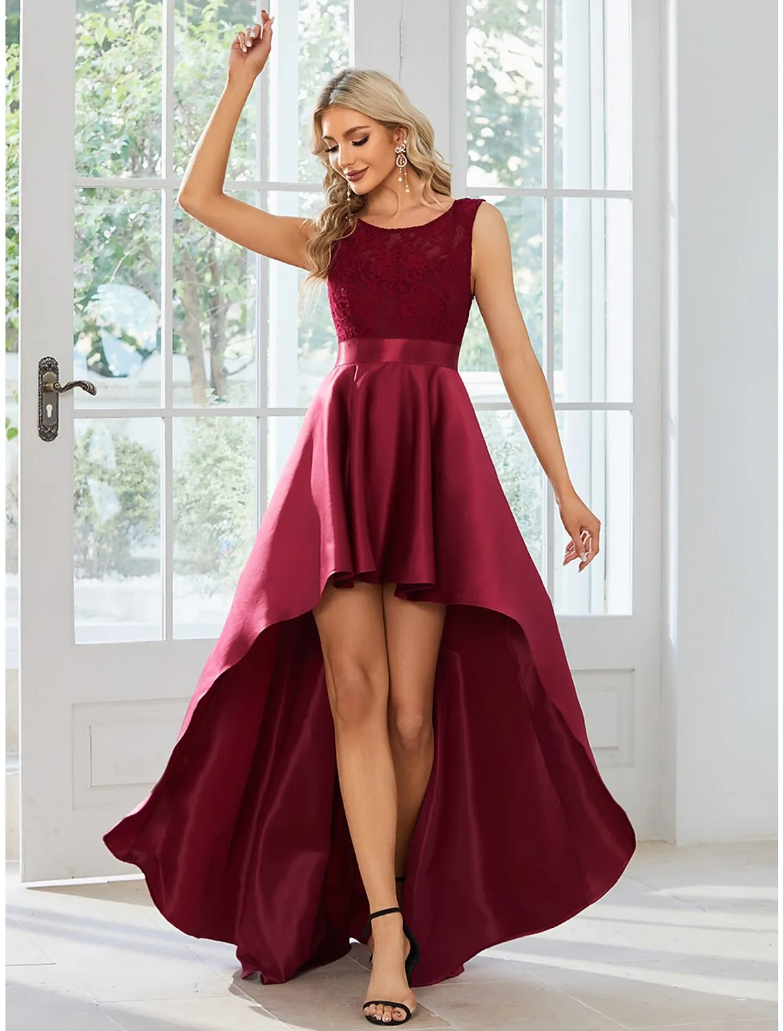 Aimishang   A-Line Wedding Guest Dresses Casual Dress Party Wear Asymmetrical Sleeveless Jewel Neck Satin with Pure Color