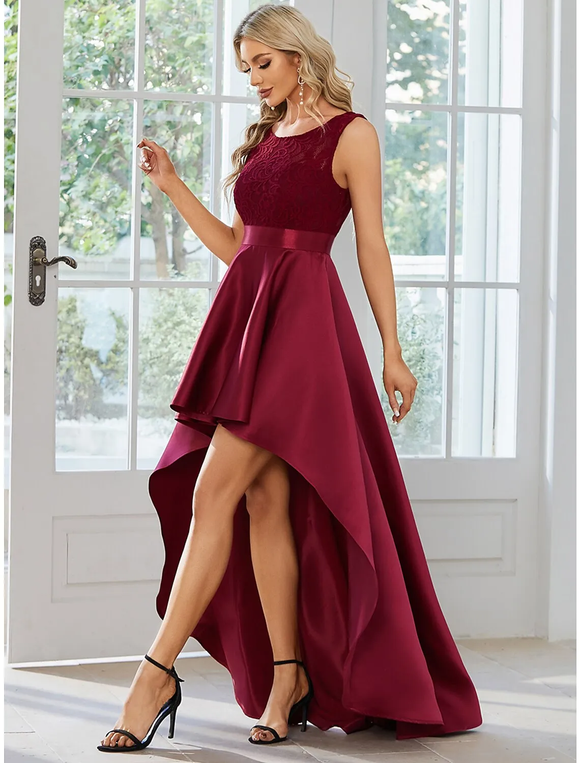 Aimishang   A-Line Wedding Guest Dresses Casual Dress Party Wear Asymmetrical Sleeveless Jewel Neck Satin with Pure Color