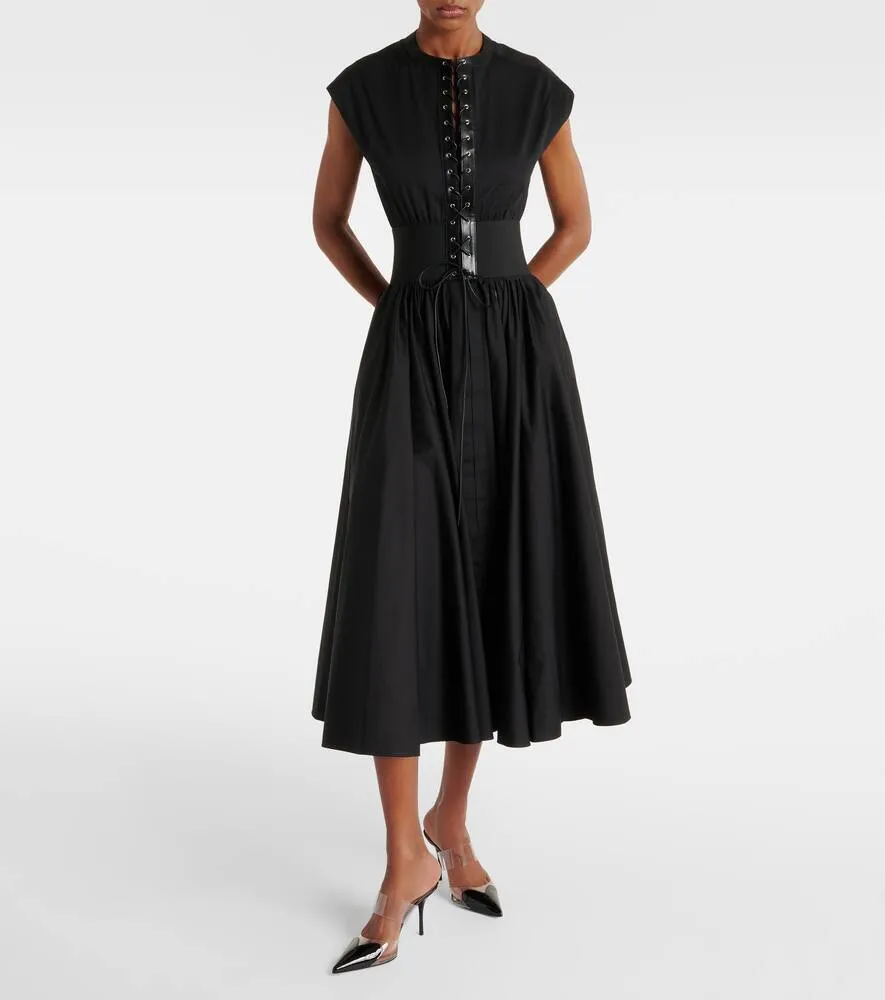 Alaia Leather-trimmed cotton maxi dress