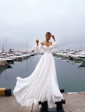 Beach Casual Wedding Dresses A-Line Off Shoulder Long Sleeve Sweep / Brush Train Chiffon Bridal Gowns With Ruched Solid Color Summer Wedding Party