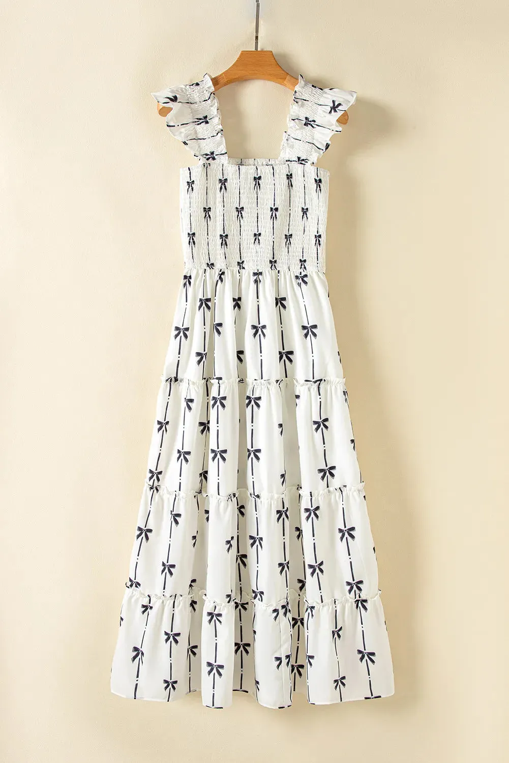 Black Bow Print Smocked Square Neck Ruffle Tiered Maxi Dress