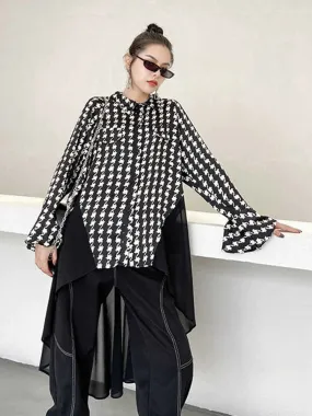 Button-down Cotton & Chiffon Print Blouse Long Sleeve w/ Chiffon Skirt in BLK/WHT