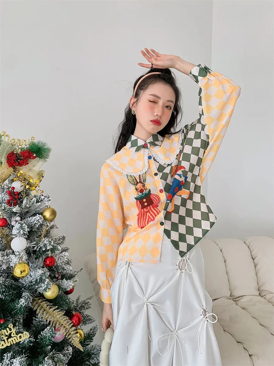 Button-Down with Harlequin and Peter Rabbit Print Detail Top Yellow