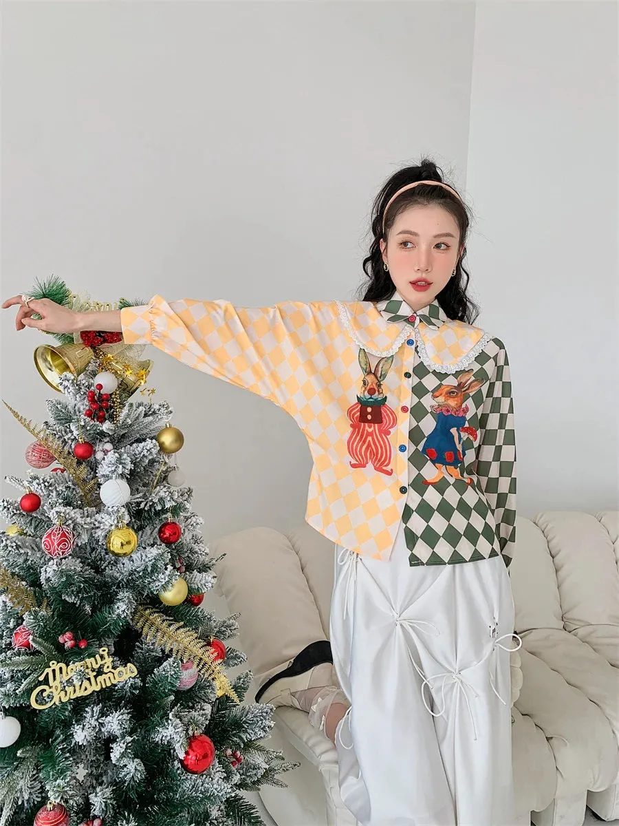 Button-Down with Harlequin and Peter Rabbit Print Detail Top Yellow