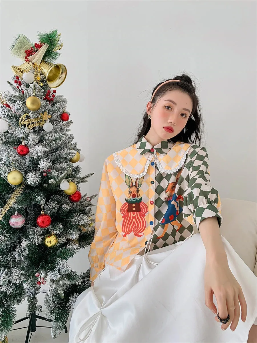 Button-Down with Harlequin and Peter Rabbit Print Detail Top Yellow