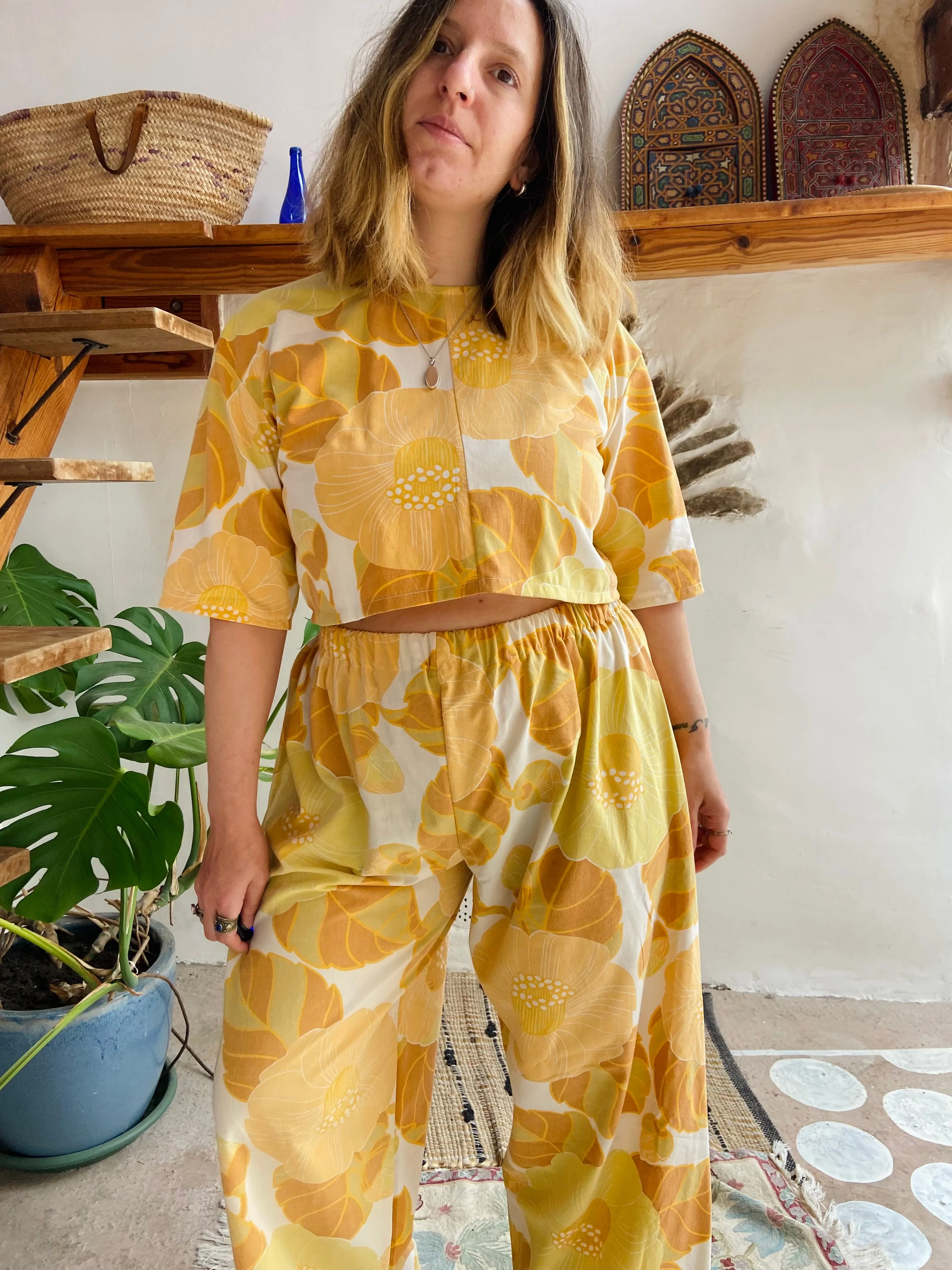 DESERT FOX Orange Floral Print Wide Leg Trousers - M/L