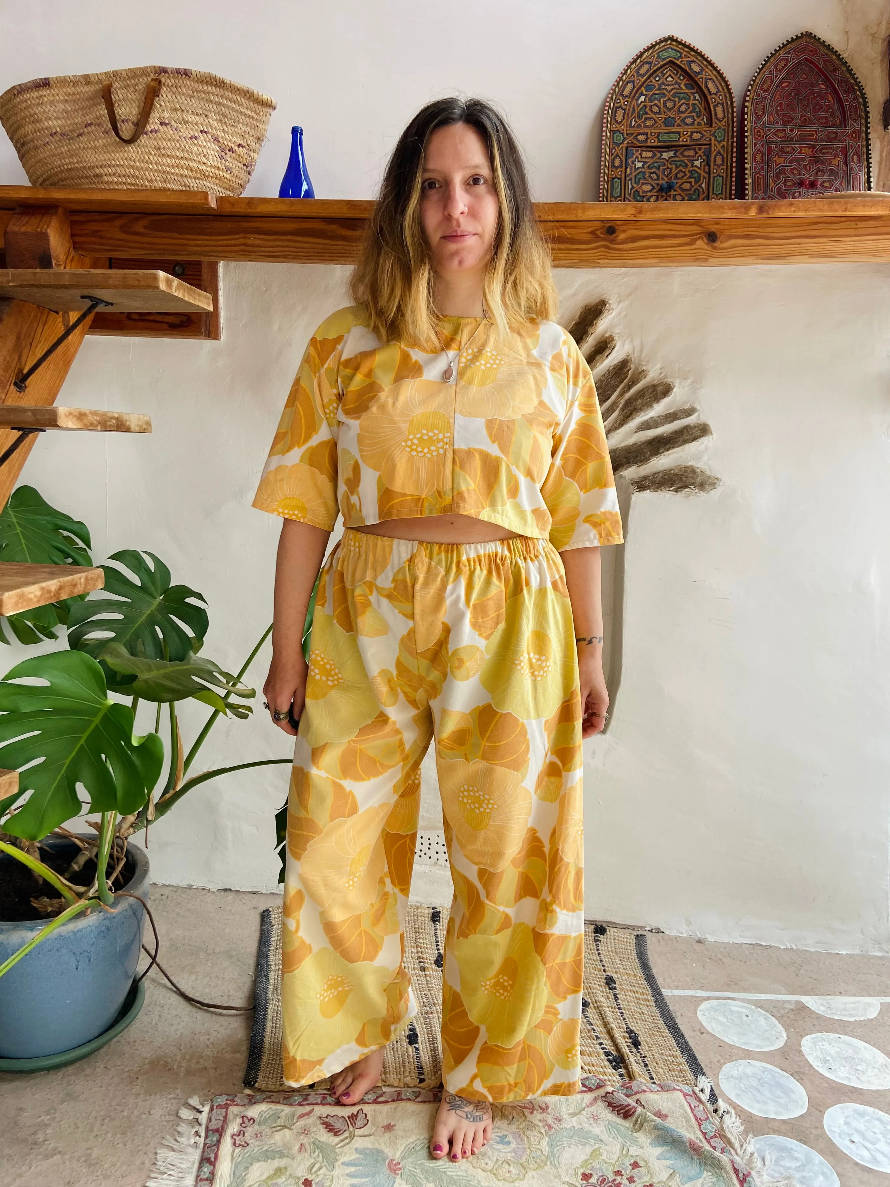 DESERT FOX Orange Floral Print Wide Leg Trousers - M/L