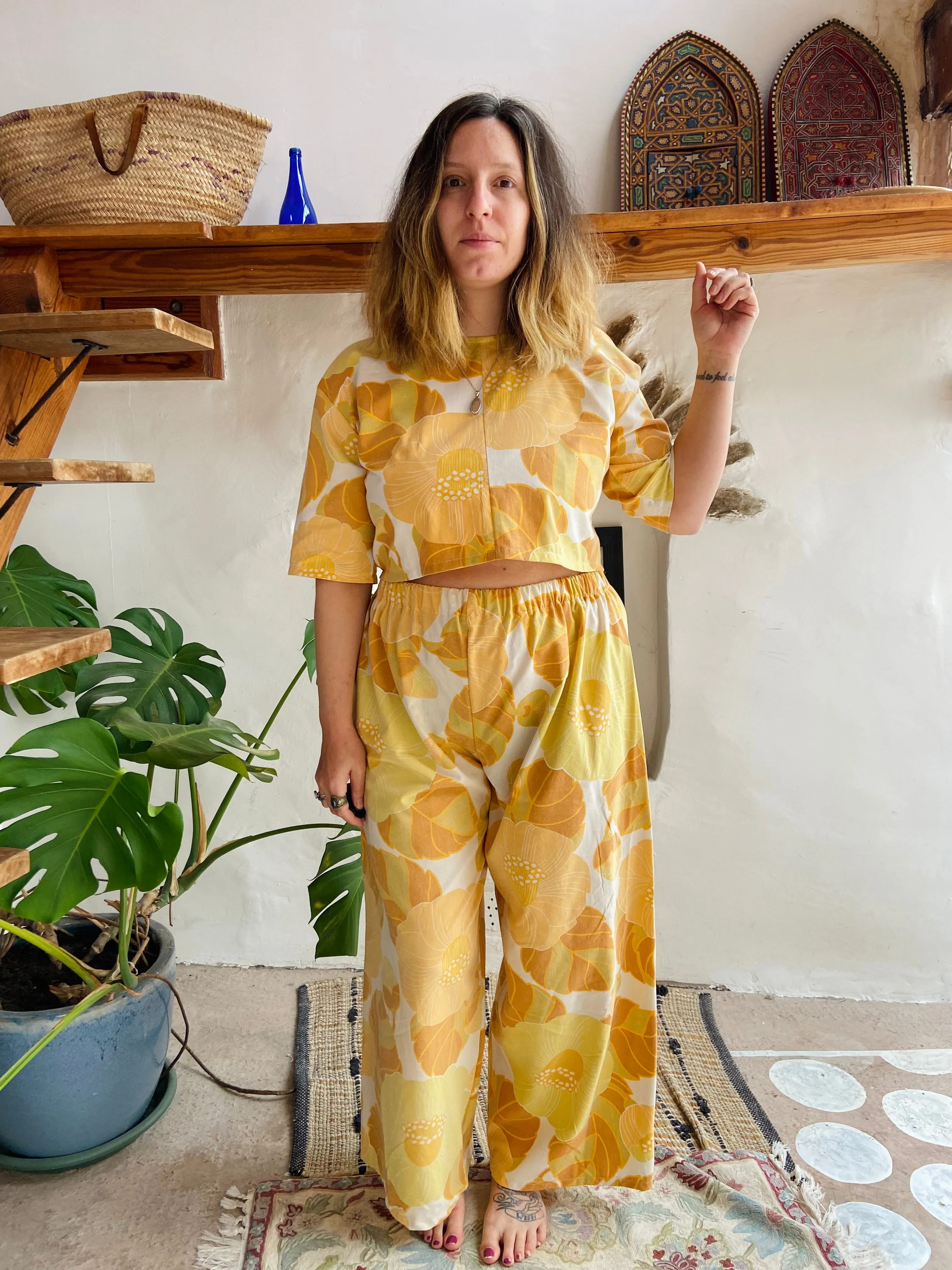 DESERT FOX Orange Floral Print Wide Leg Trousers - M/L