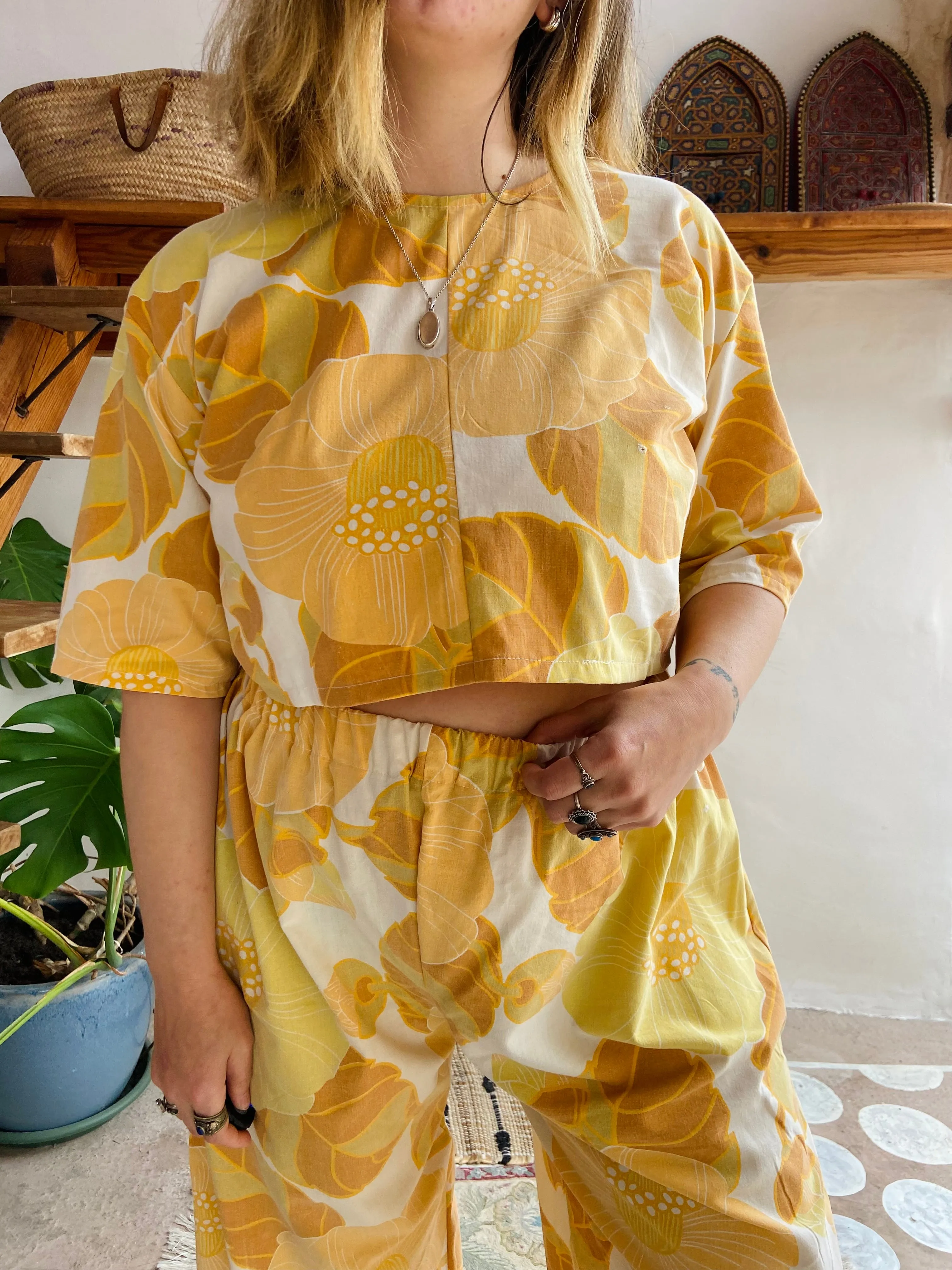 DESERT FOX Orange Floral Print Wide Leg Trousers - M/L