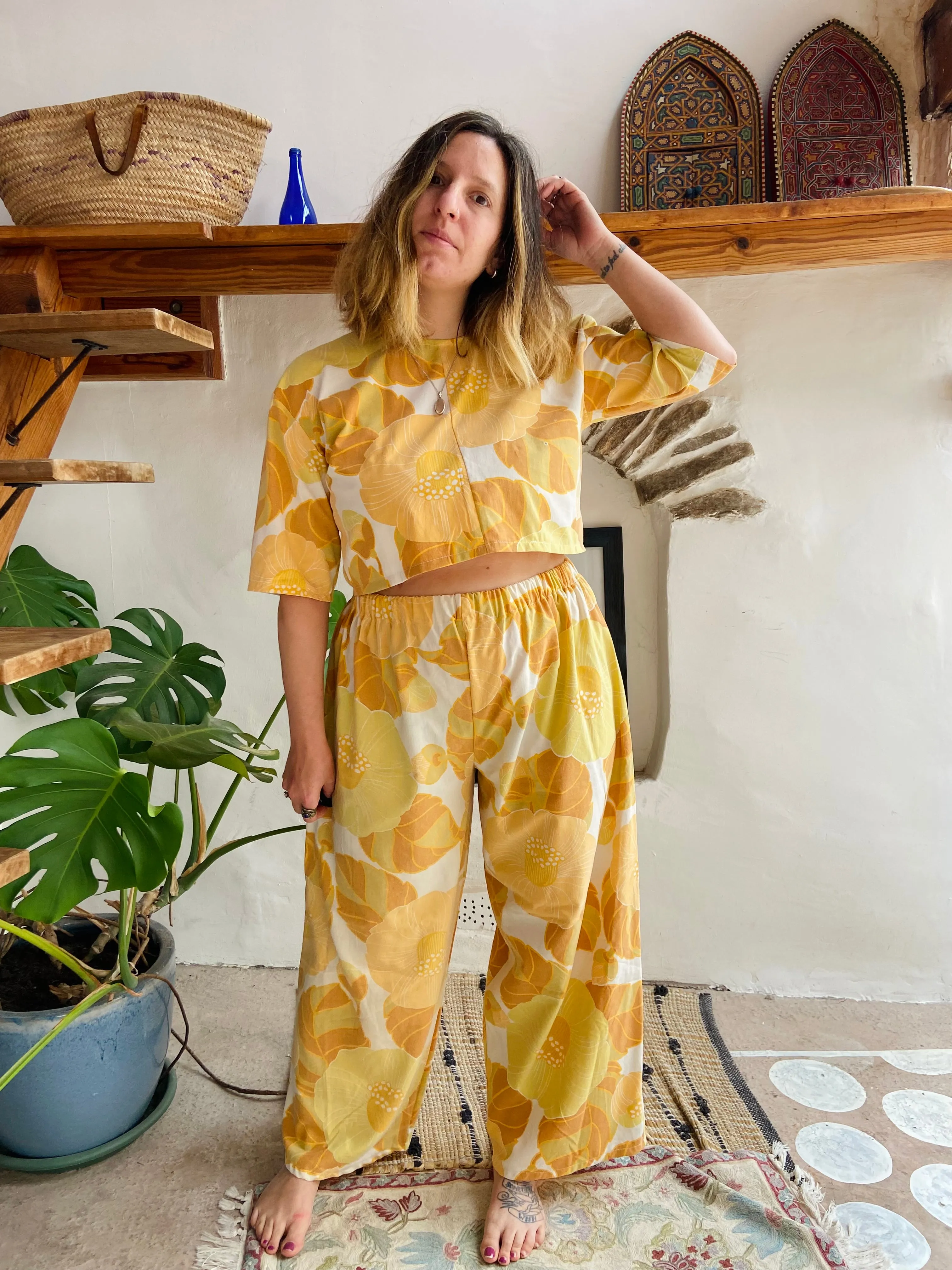 DESERT FOX Orange Floral Print Wide Leg Trousers - M/L