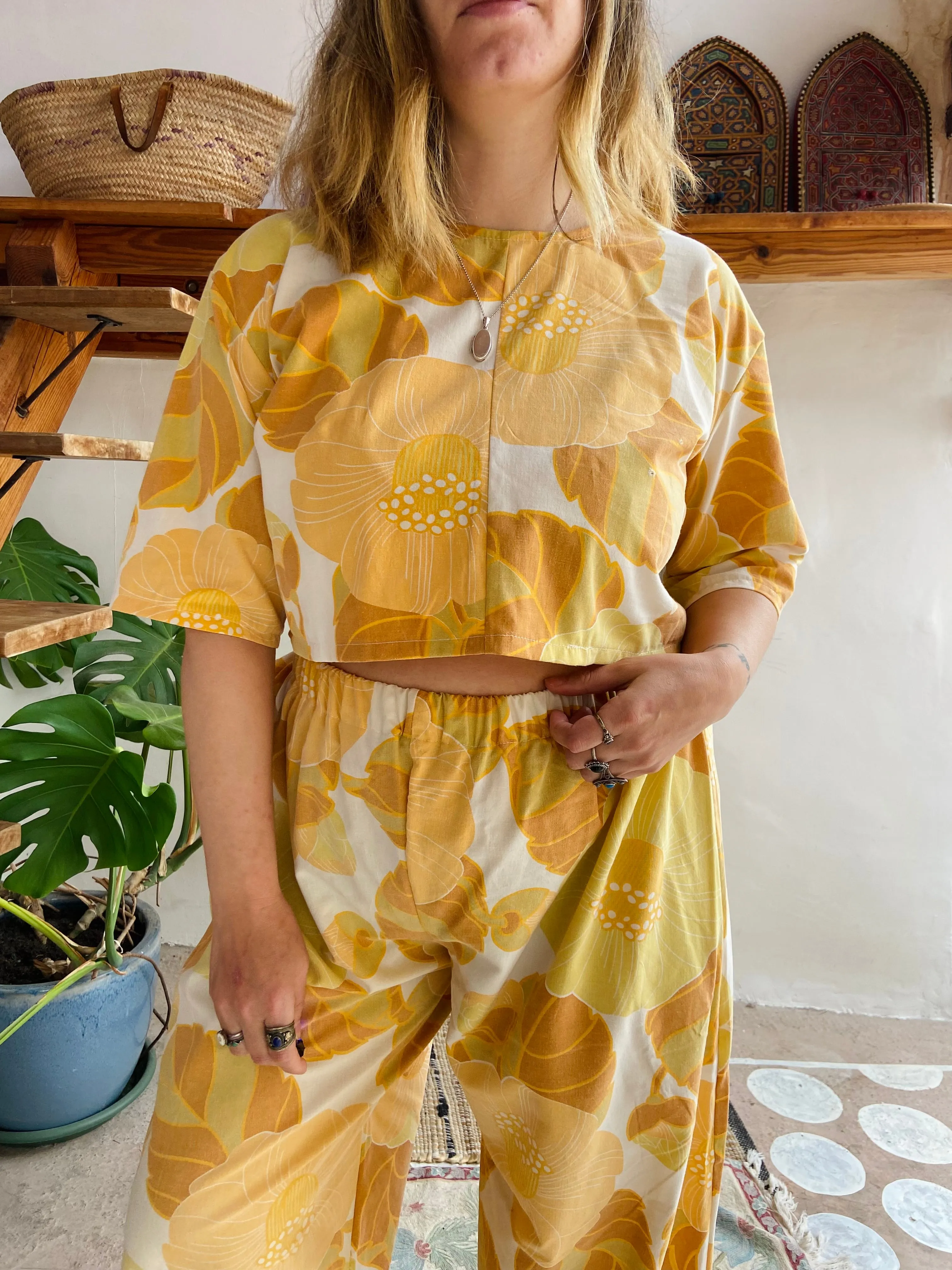 DESERT FOX Orange Floral Print Wide Leg Trousers - M/L