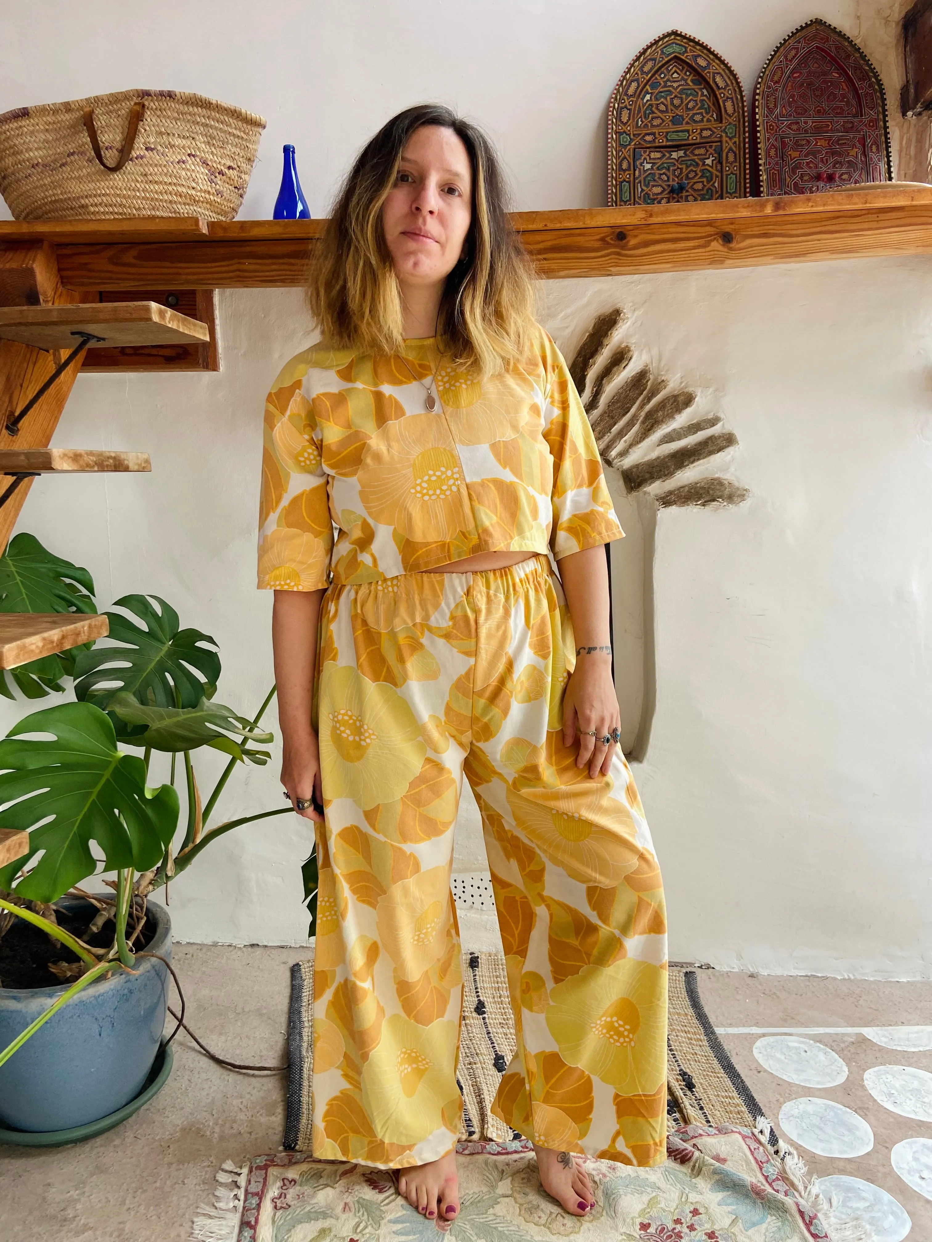 DESERT FOX Orange Floral Print Wide Leg Trousers - M/L