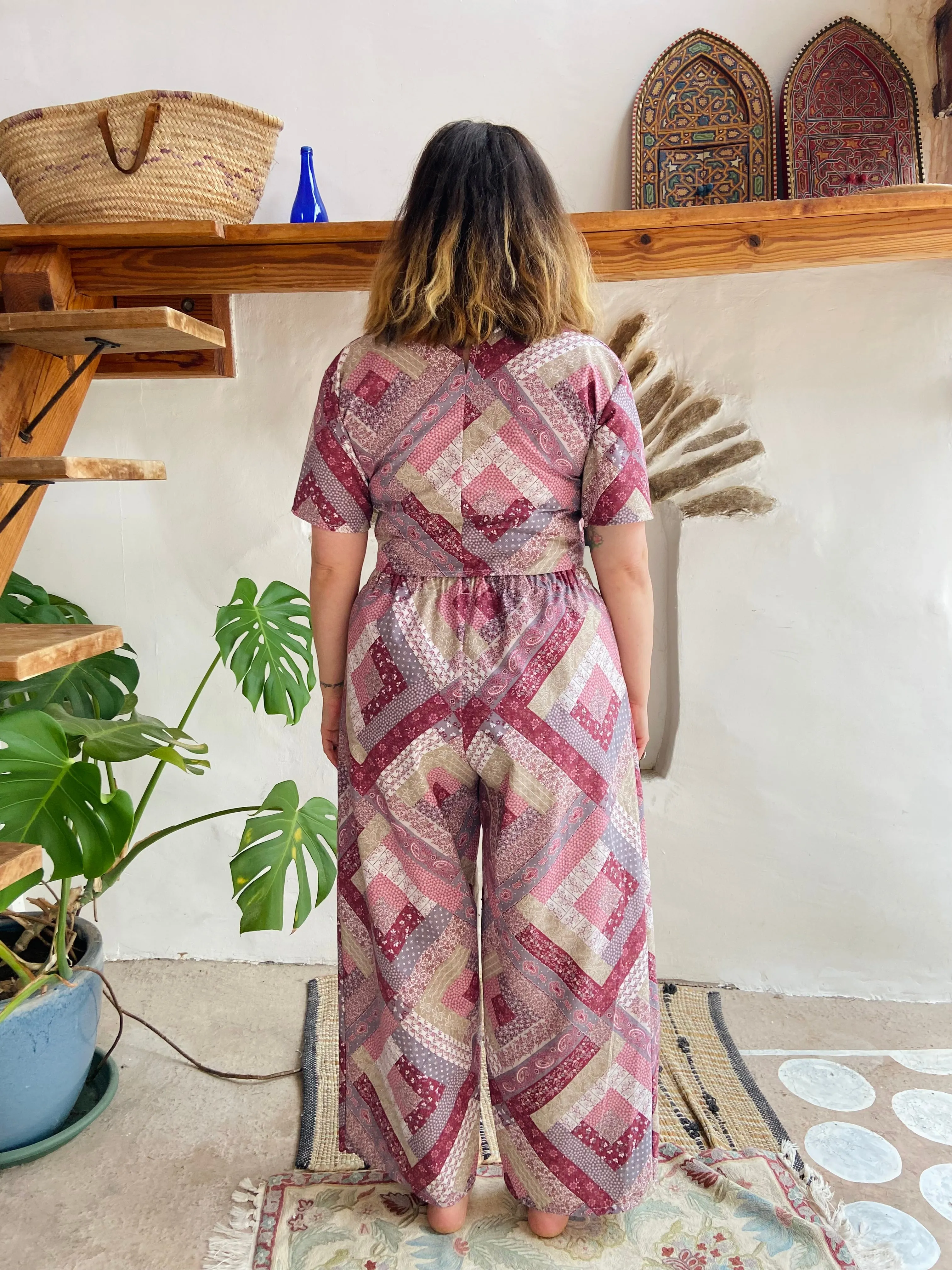 DESERT FOX Purple Patchwork Print Wide Leg Trousers - S/M