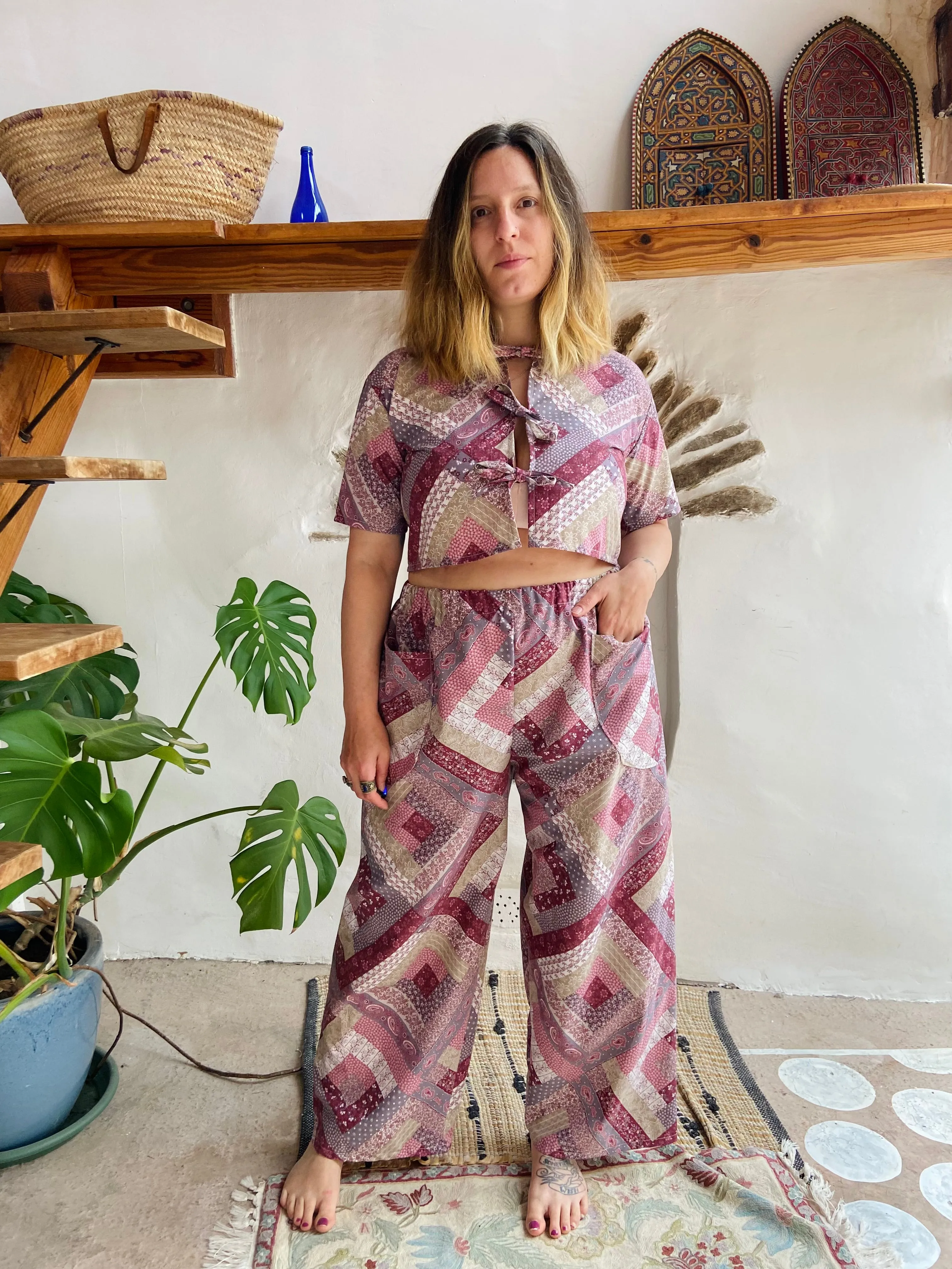 DESERT FOX Purple Patchwork Print Wide Leg Trousers - S/M