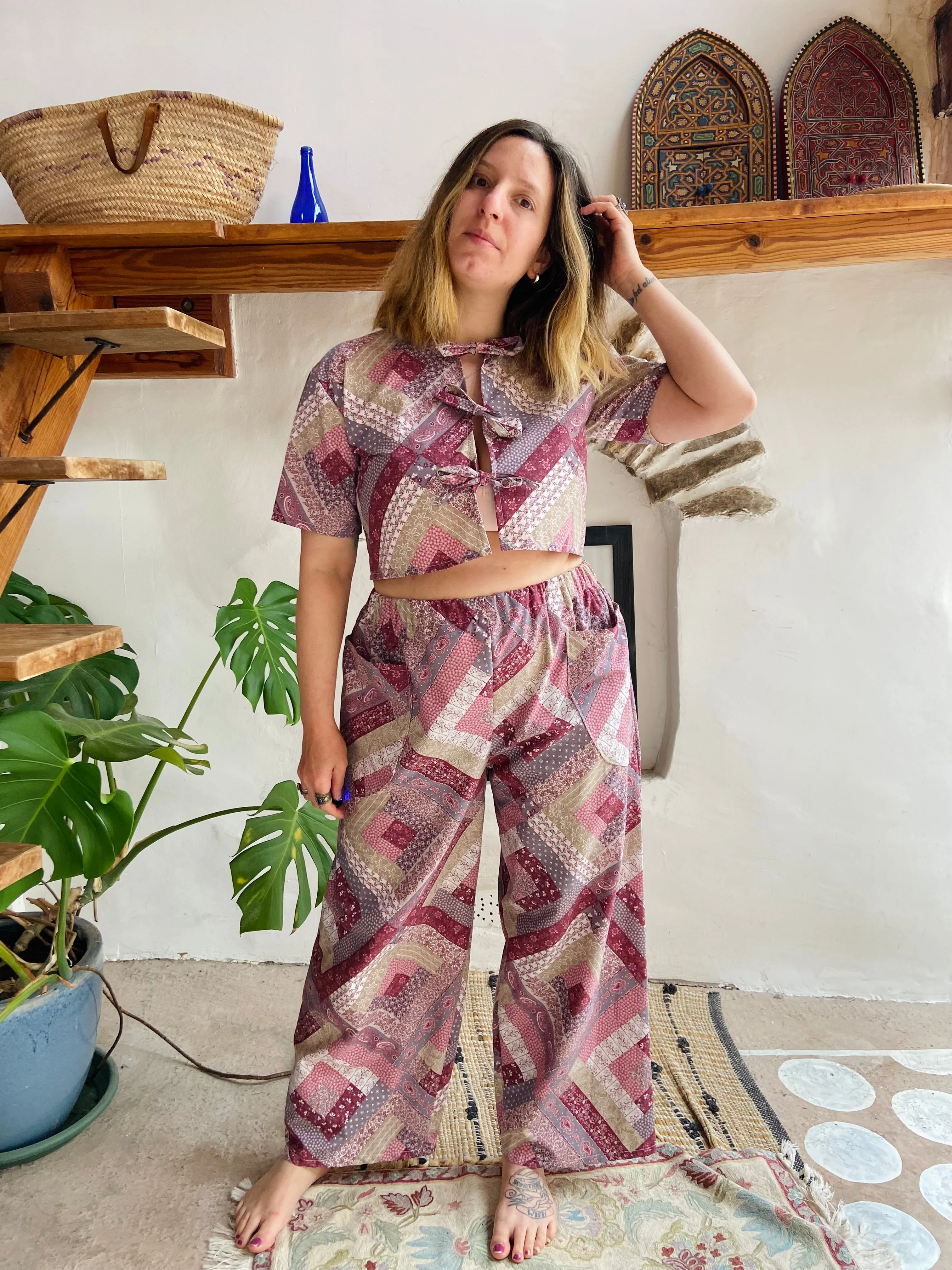 DESERT FOX Purple Patchwork Print Wide Leg Trousers - S/M