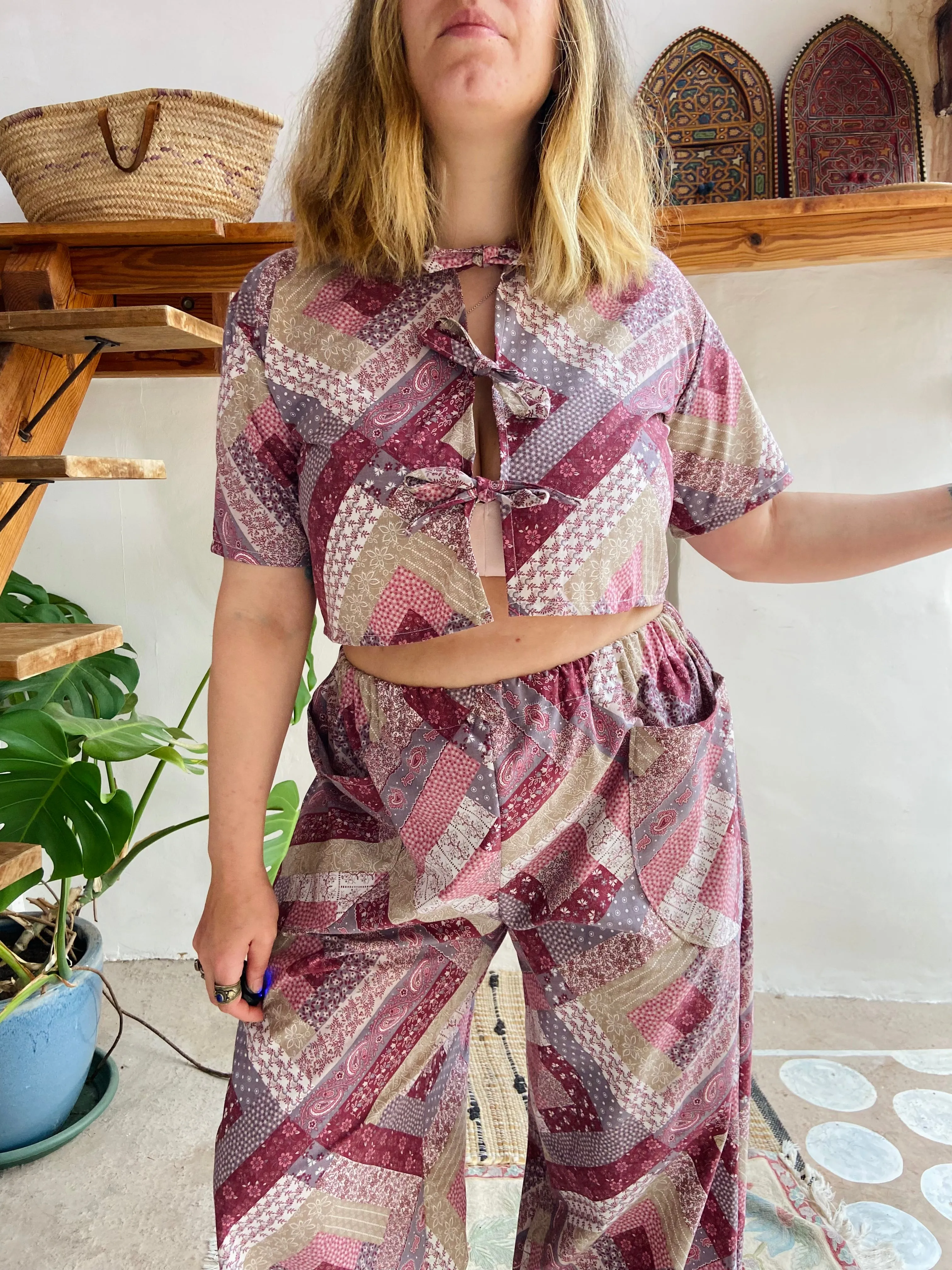 DESERT FOX Purple Patchwork Print Wide Leg Trousers - S/M