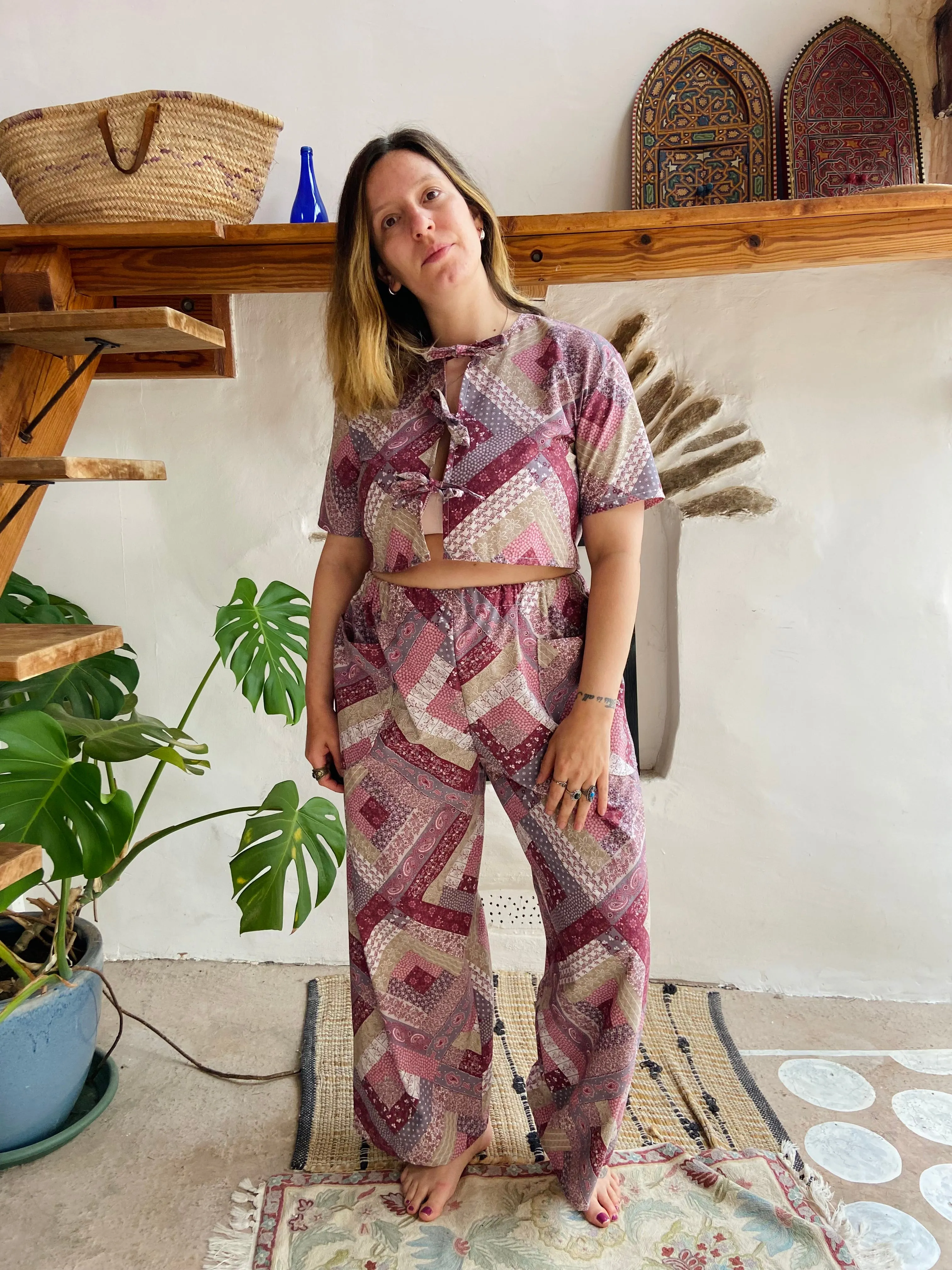 DESERT FOX Purple Patchwork Print Wide Leg Trousers - S/M