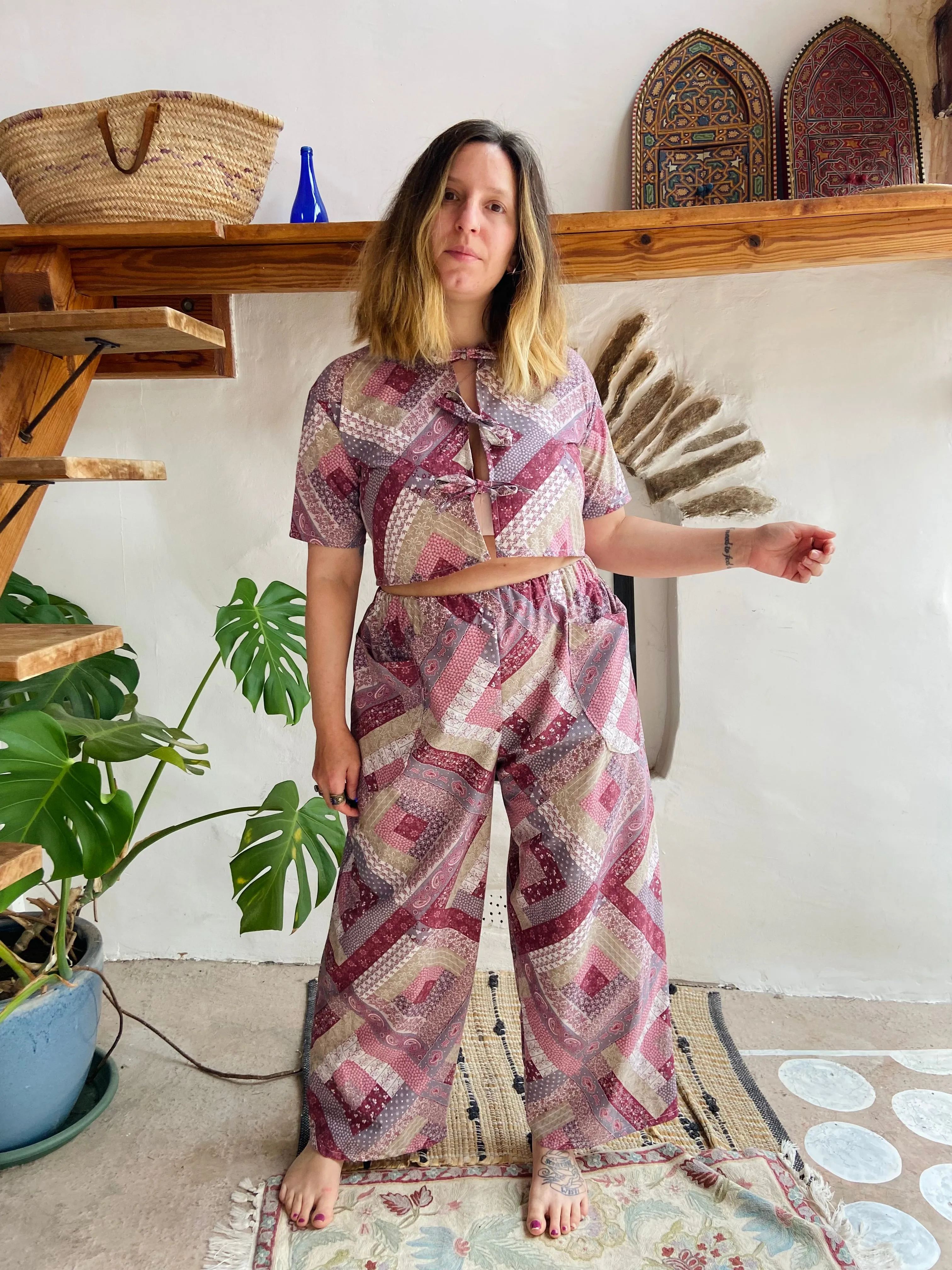 DESERT FOX Purple Patchwork Print Wide Leg Trousers - S/M