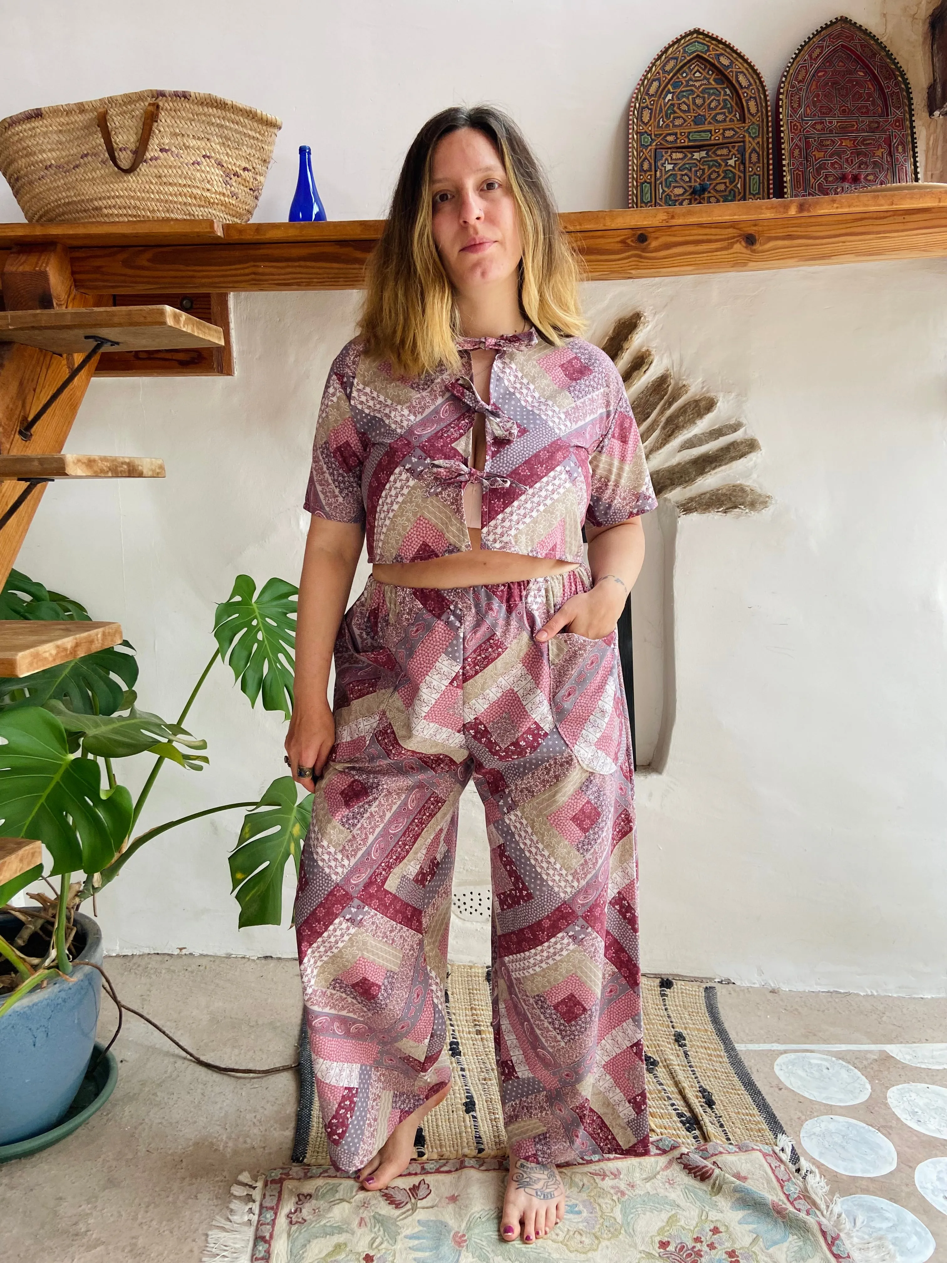 DESERT FOX Purple Patchwork Print Wide Leg Trousers - S/M
