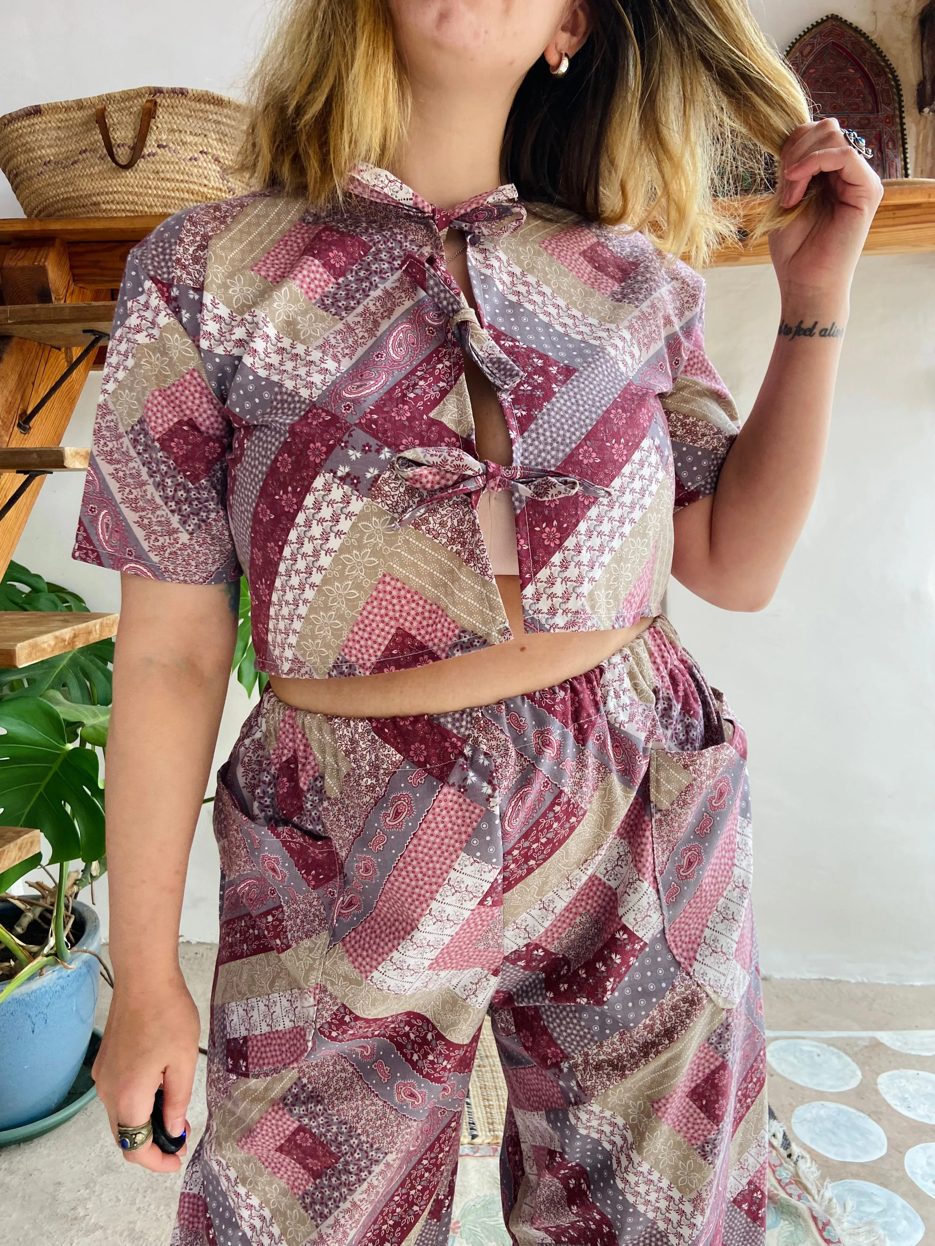 DESERT FOX Purple Patchwork Print Wide Leg Trousers - S/M