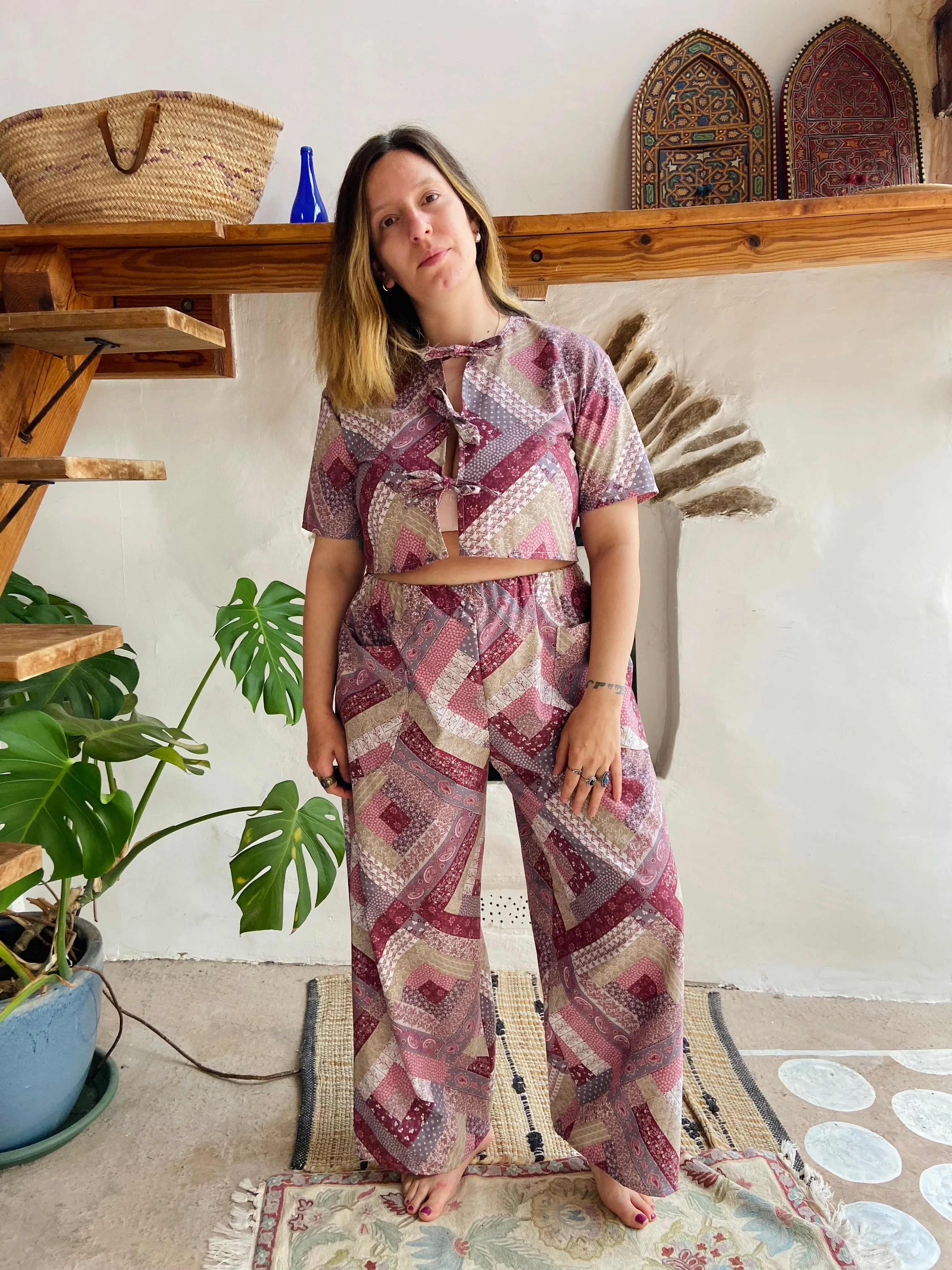 DESERT FOX Purple Patchwork Print Wide Leg Trousers - S/M