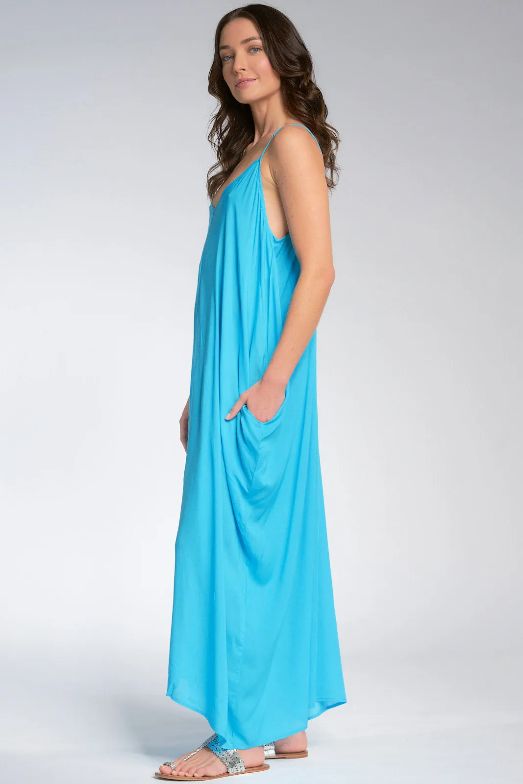 Elan Spaghetti Strap Balloon Bottom Maxi Dress Cover Up V-Back