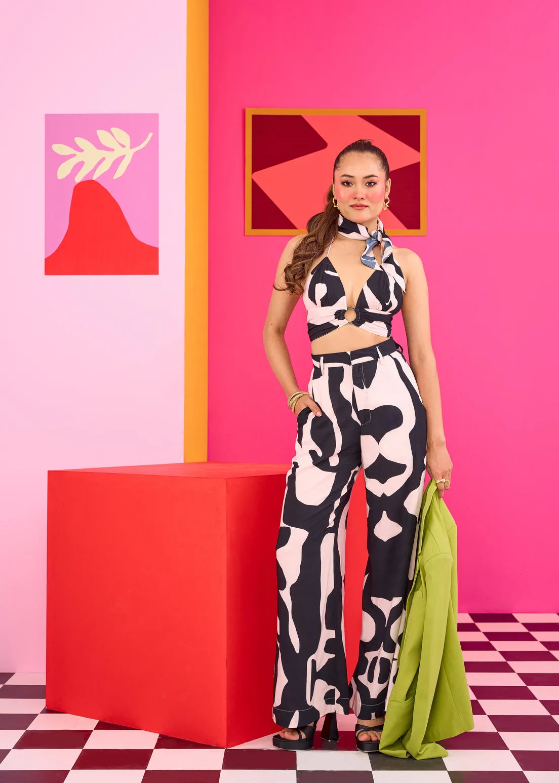 Emily in Paris: Abstract Print Bralette Top and Trouser Set