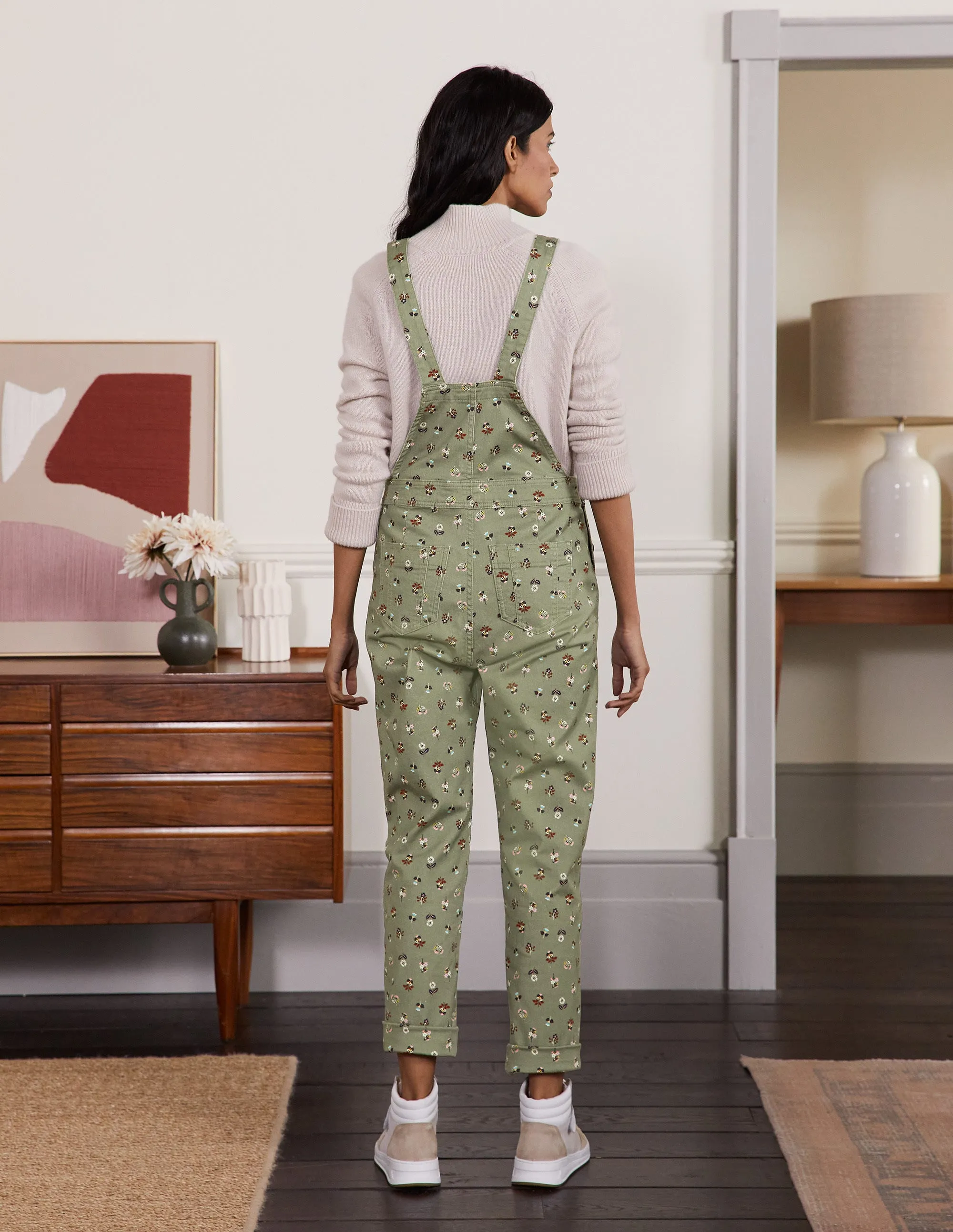 Girlfriend Dungarees-Pale Khaki, Dainty Floral