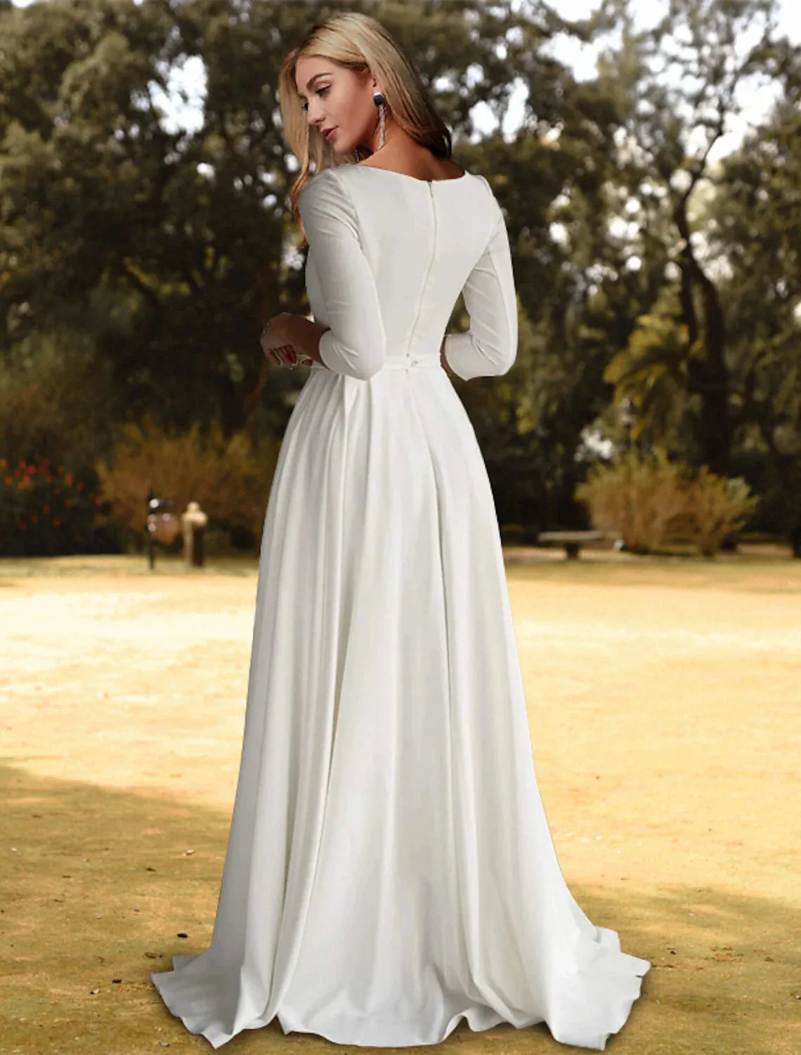 Hall Casual Fall Wedding Dresses A-Line Scoop Neck 3/4 Length Sleeve Sweep / Brush Train Stretch Fabric Bridal Gowns With Pleats Solid Color 2023 Summer Wedding Party