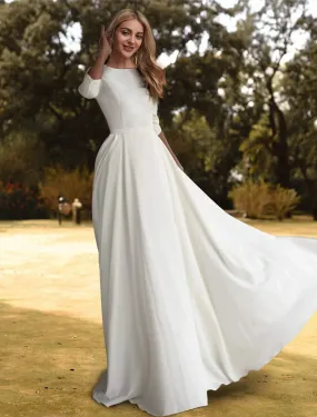Hall Casual Fall Wedding Dresses A-Line Scoop Neck 3/4 Length Sleeve Sweep / Brush Train Stretch Fabric Bridal Gowns With Pleats Solid Color 2023 Summer Wedding Party