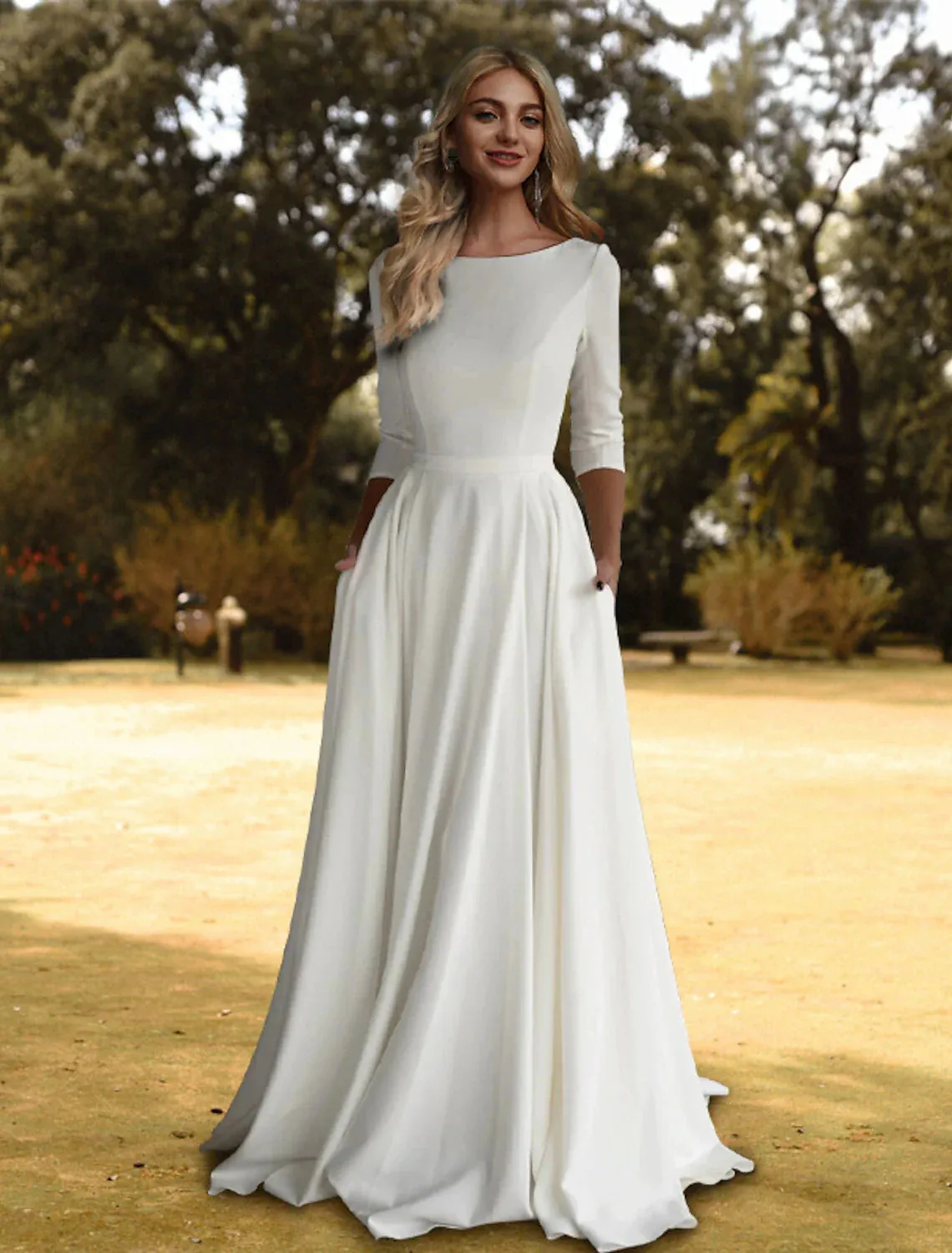 Hall Casual Fall Wedding Dresses A-Line Scoop Neck 3/4 Length Sleeve Sweep / Brush Train Stretch Fabric Bridal Gowns With Pleats Solid Color 2023 Summer Wedding Party