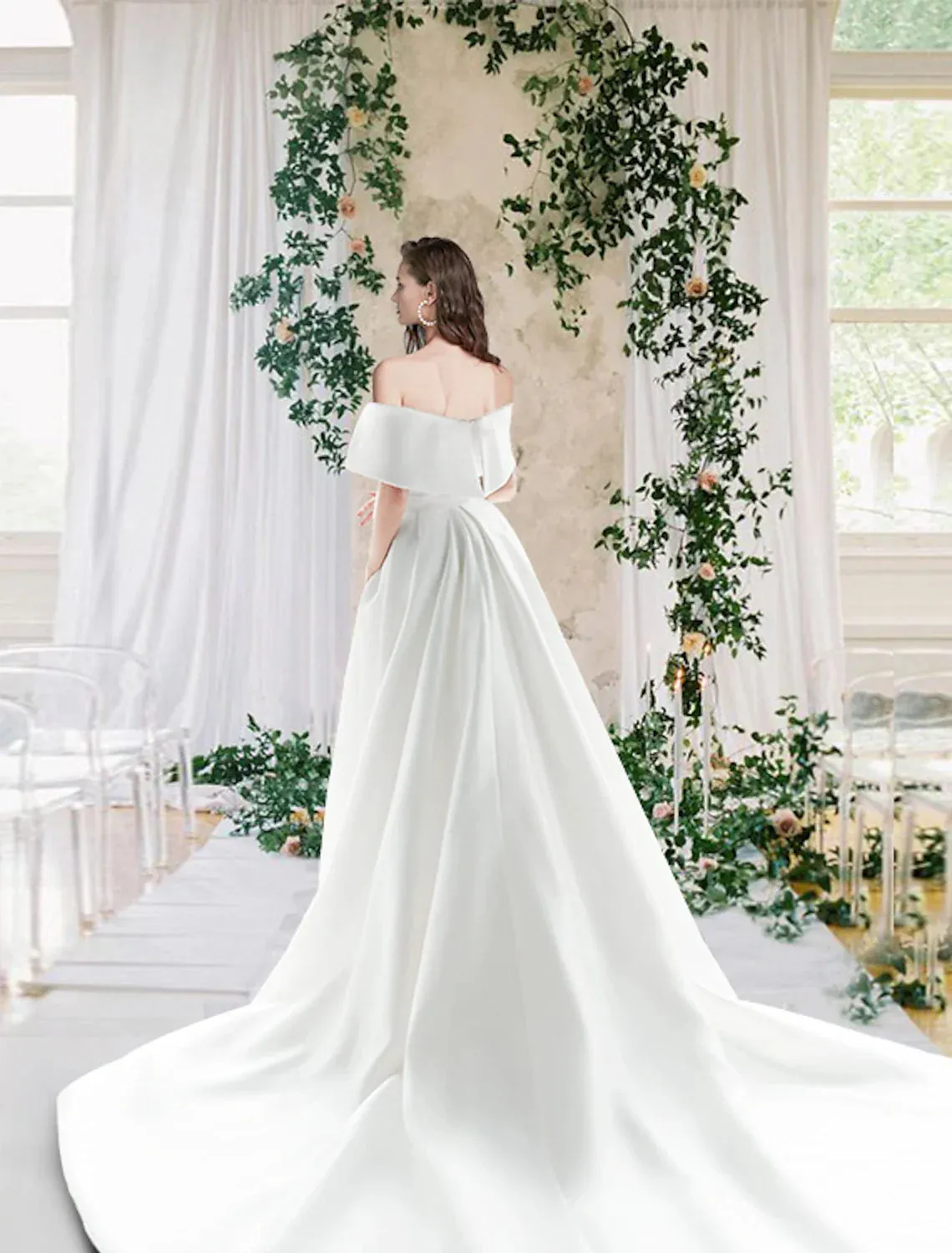 Hall Casual Fall Wedding Dresses Sheath / Column Off Shoulder Cap Sleeve Chapel Train Satin Bridal Gowns With Ruched Summer Wedding Party