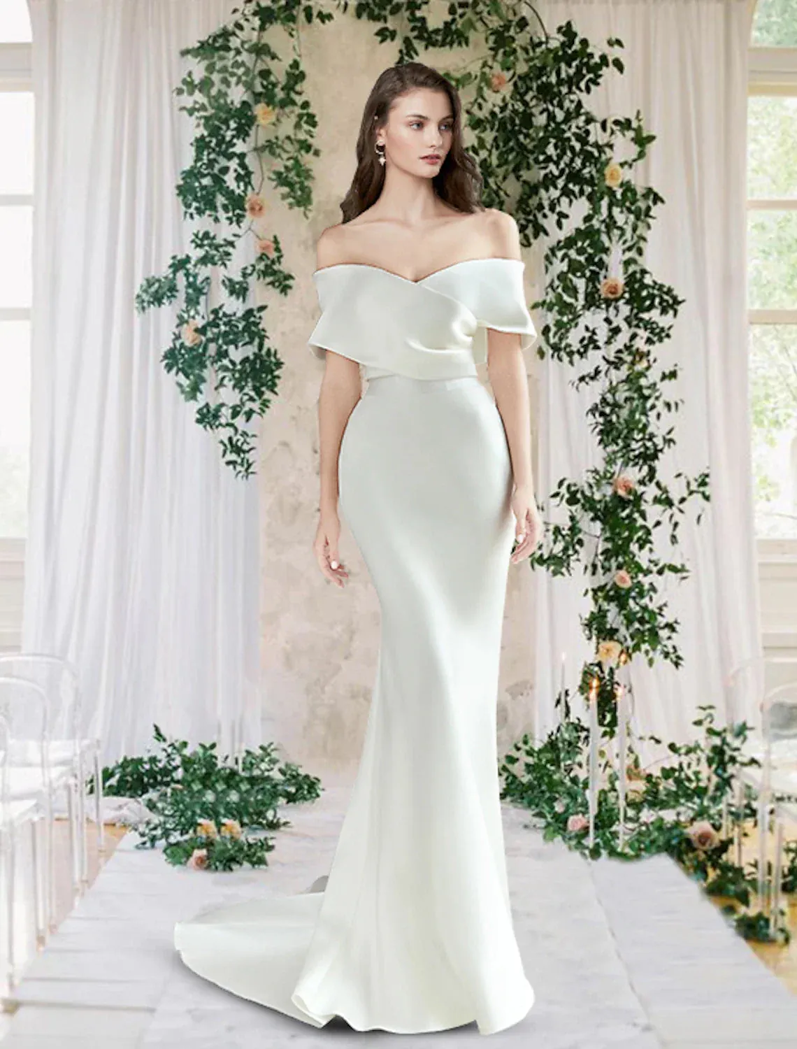 Hall Casual Fall Wedding Dresses Sheath / Column Off Shoulder Cap Sleeve Chapel Train Satin Bridal Gowns With Ruched Summer Wedding Party
