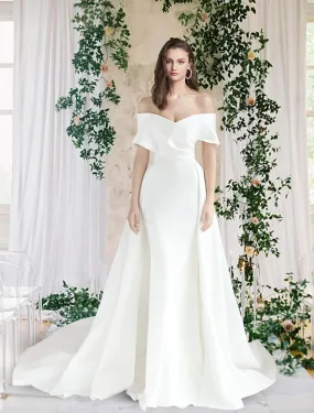 Hall Casual Fall Wedding Dresses Sheath / Column Off Shoulder Cap Sleeve Chapel Train Satin Bridal Gowns With Ruched Summer Wedding Party