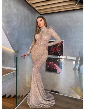 Luxury Evening Dress Gold Beaded