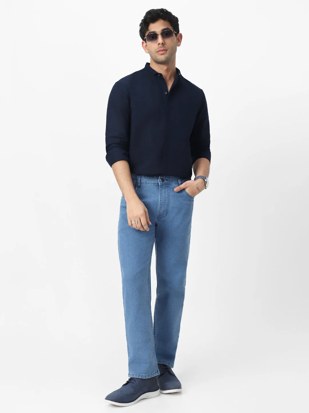 Men's Navy Cotton Full Sleeve Regular Fit Casual Solid Shirt with Band Collar