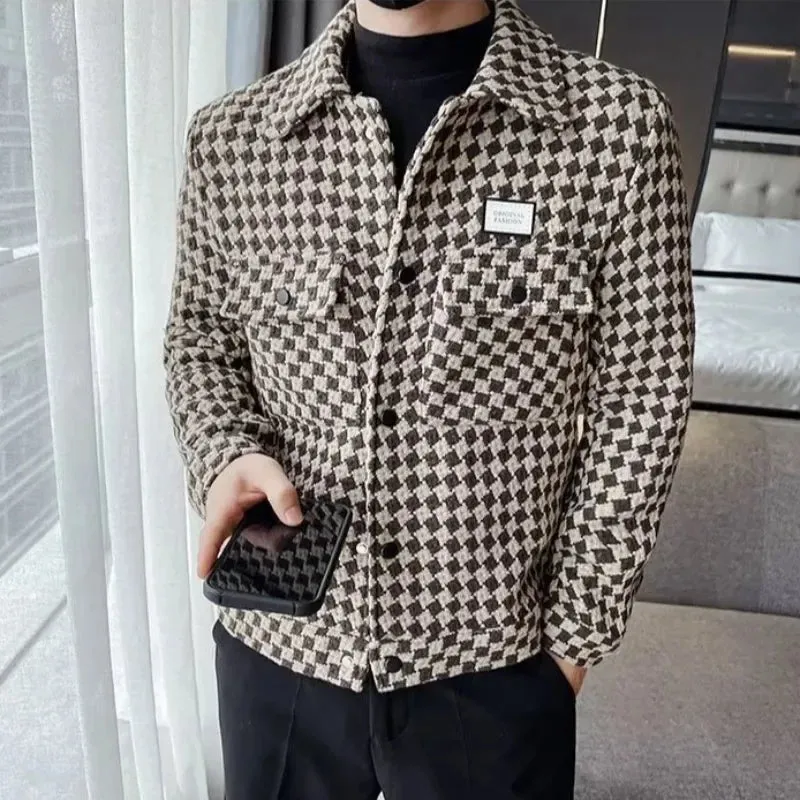 Modern Designed Men Autumn Winter Woolen Jacket Slim Casual British Cropped Overcoat