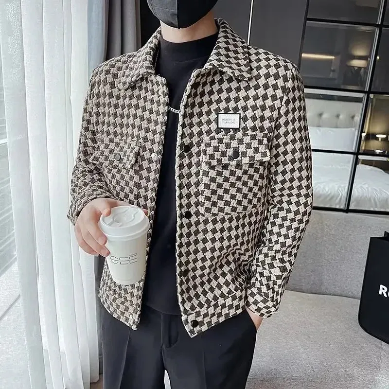 Modern Designed Men Autumn Winter Woolen Jacket Slim Casual British Cropped Overcoat