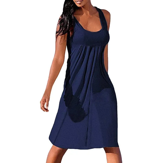 MUQGEW summer color party dress Bottom Dresses Women Summer Sexy Solid Sleeveless Plain Pleated Casual Mini Dress