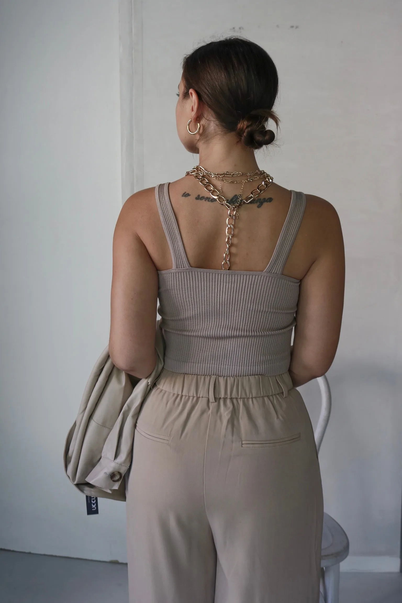 'Olivia' V Neck Ribbed Tank Top in Nude
