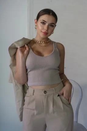 'Olivia' V Neck Ribbed Tank Top in Nude