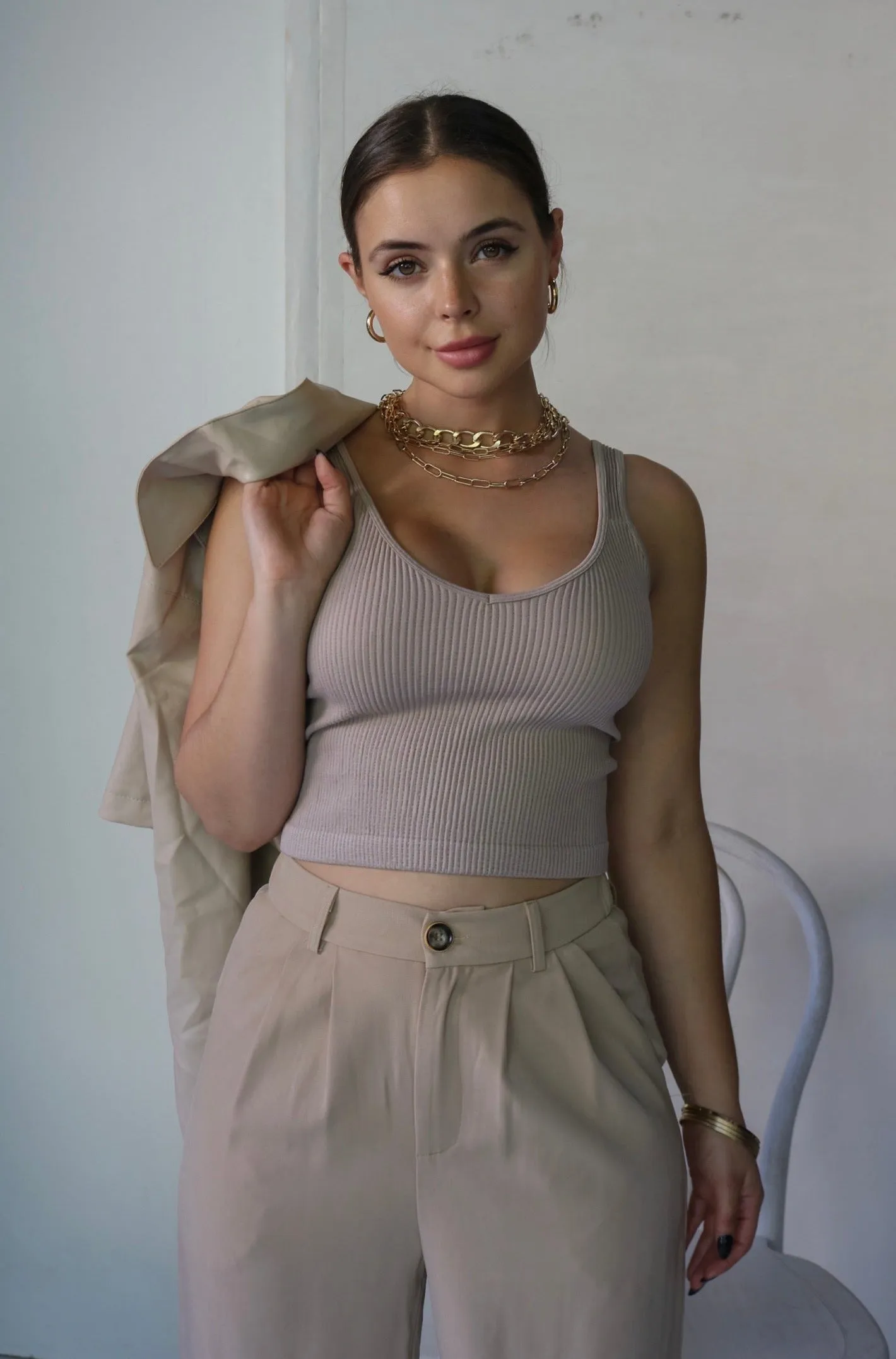 'Olivia' V Neck Ribbed Tank Top in Nude