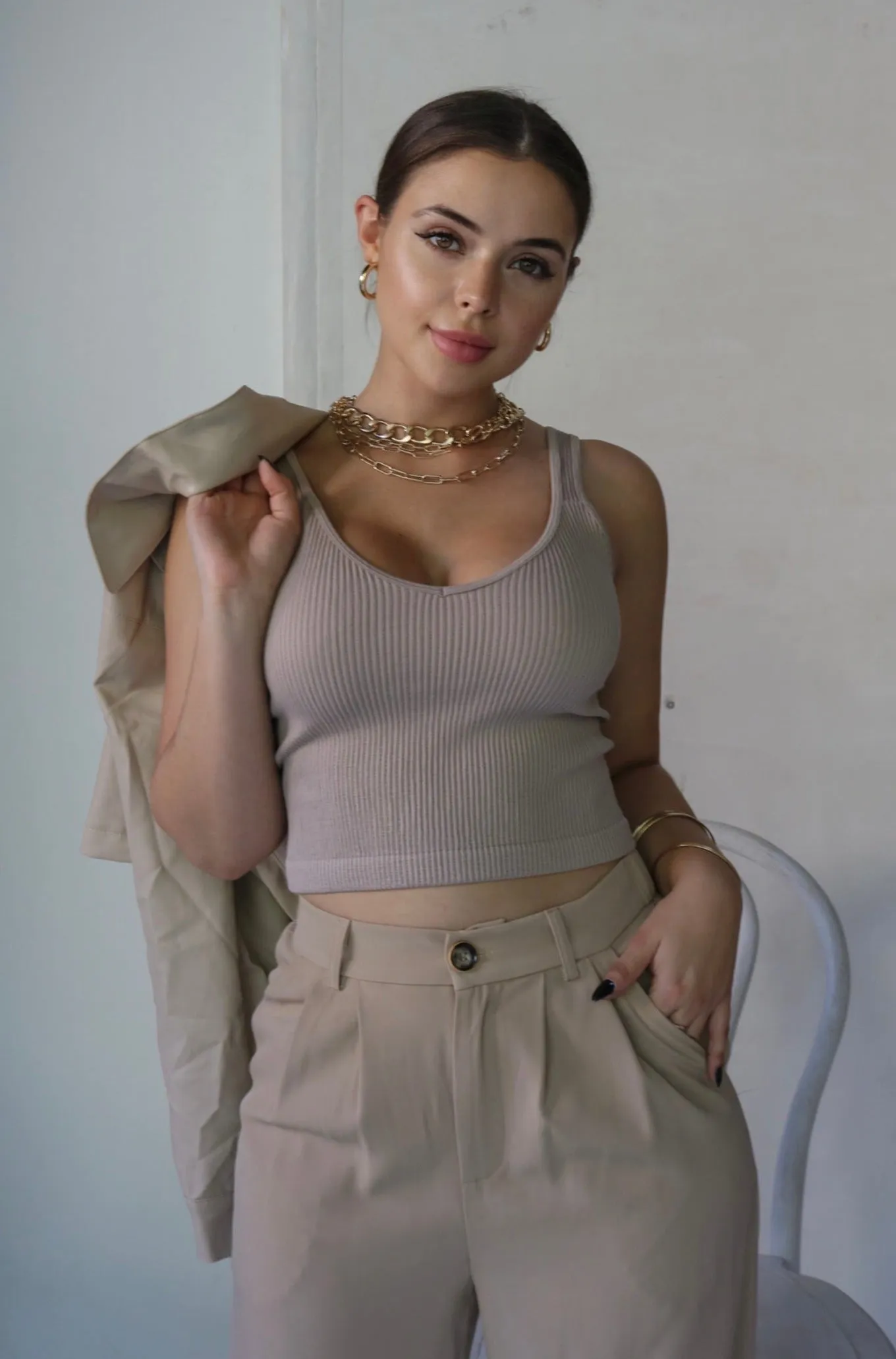 'Olivia' V Neck Ribbed Tank Top in Nude