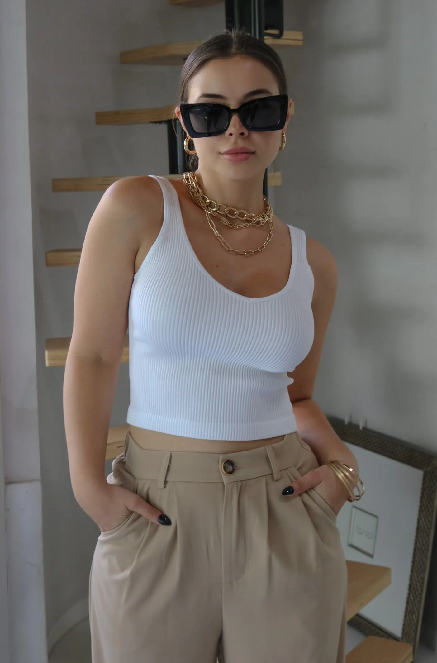 'Olivia' V Neck Ribbed Tank Top in White