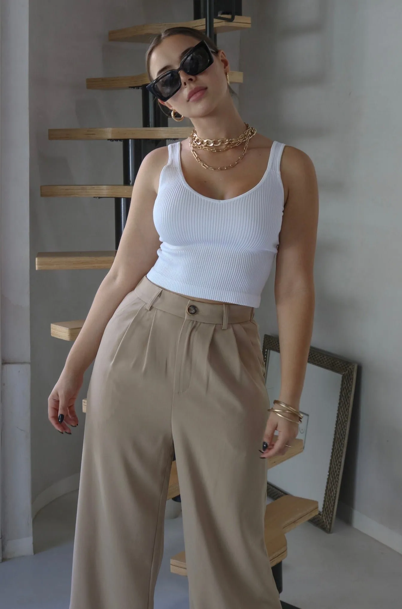 'Olivia' V Neck Ribbed Tank Top in White