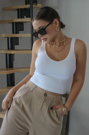 'Olivia' V Neck Ribbed Tank Top in White