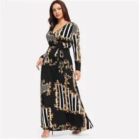 Plus Size Black Mixed Print Striped Casual Dress