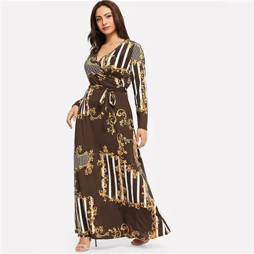 Plus Size Black Mixed Print Striped Casual Dress