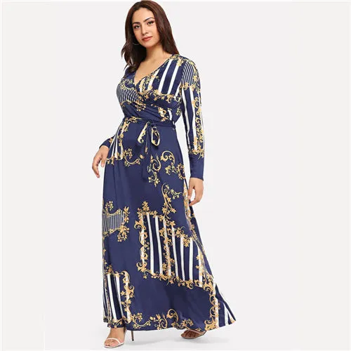 Plus Size Black Mixed Print Striped Casual Dress